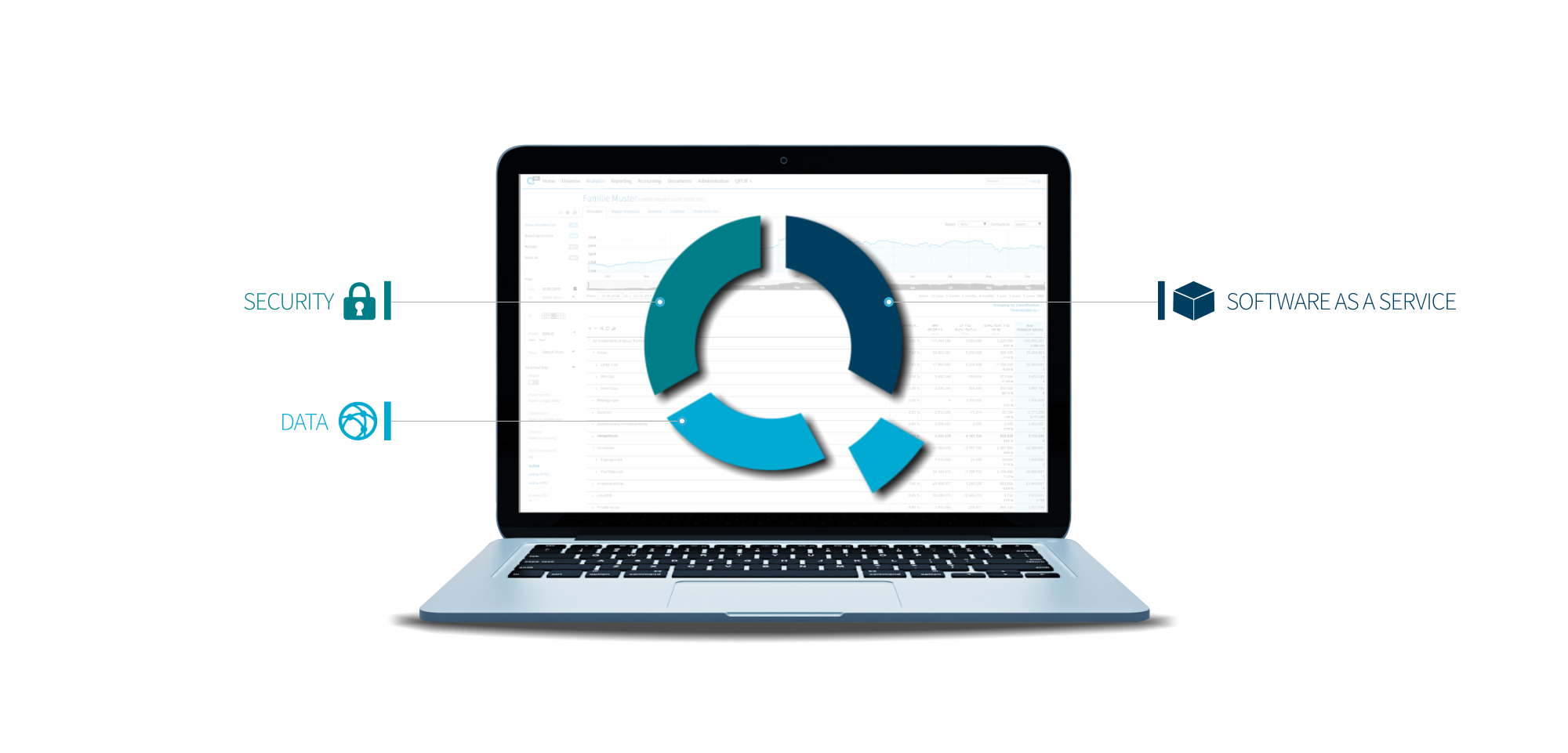 Platform QPLIX software notebook and Logo 3 blue shades: security, data and Software as a Service